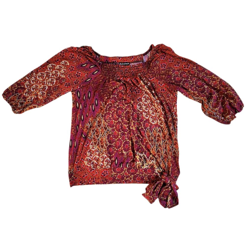 Peck & Peck Red Purple Boho Paisley Smocked Boat Neck 3/4 Sleeve Top Sz M